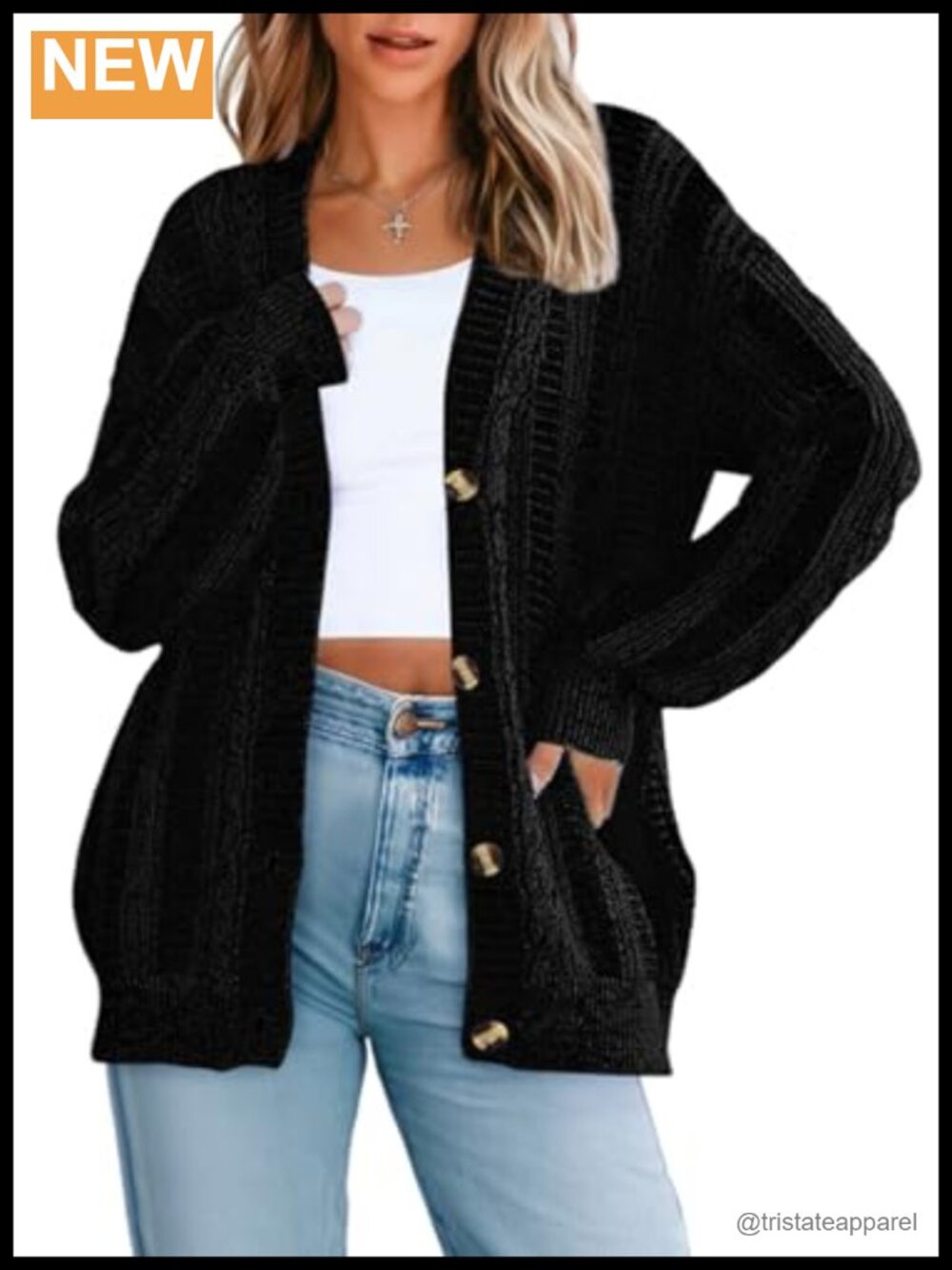 Women's Chunky Knit Cardigan Sweater Long Sleeve Button Down V-Neck
